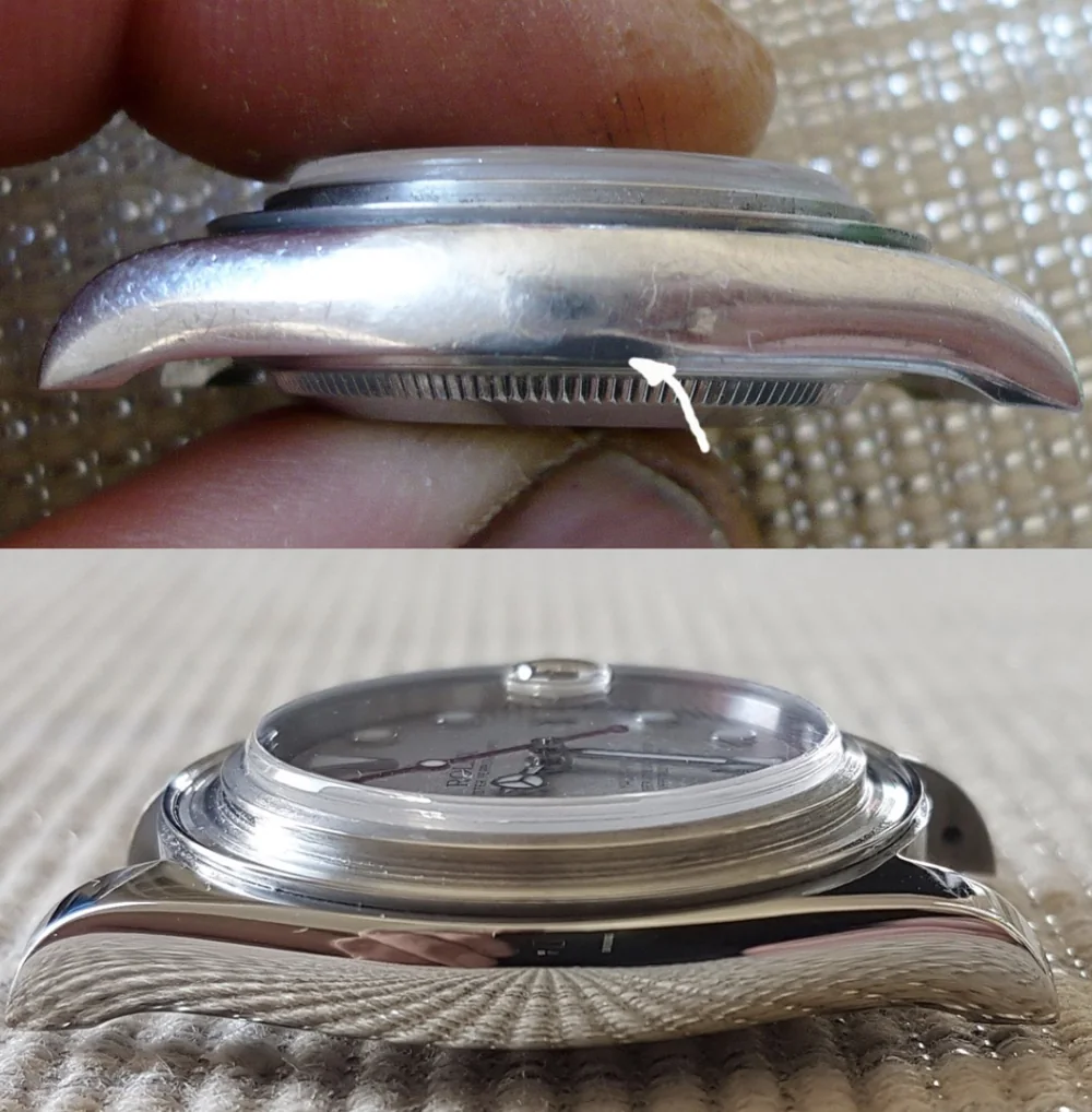 Vorher und nachher: aufgearbeitetes Gehäuse einer Armbanduhr